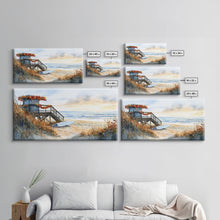 Cargar imagen en el visor de la galería, Christmas vacation decor Framed Canvas Print coastal beach cabin snowy winter landscape holiday decor gallery wall Christmas wall print
