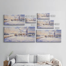Cargar imagen en el visor de la galería, Farmhouse Christmas decor Framed Canvas Print snowy white farmhouse with wreath winter wonderland holiday decor best gift Christmas wall art
