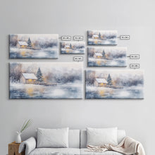 Load image into Gallery viewer, Christmas winter cabin Framed Canvas Print snowy lakeside cabin Christmas tree cozy holiday decor winter wonderland art Christmas wall decor
