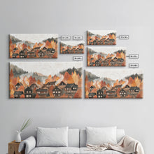 Carregar imagem no visualizador da galeria, Autumn village decor Framed Canvas Print rustic village with fall trees cozy seasonal wall art gift idea moody landscape autumn home decor
