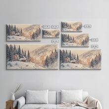 Load image into Gallery viewer, Christmas winter cabin Canvas Print snowy mountain cabin deer cozy holiday wall art winter wonderland seasonal decor Christmas gift idea
