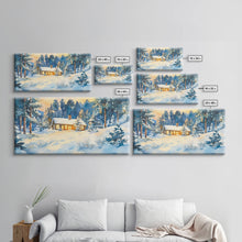 Load image into Gallery viewer, Winter cabin decor Framed Canvas Print snowy cabin and trees winter wonderland cozy holiday wall art gift idea Christmas home decor
