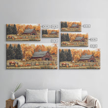 Carregar imagem no visualizador da galeria, Autumn Barn Pumpkin Horses Canvas Print Farmhouse Fall Decor Seasonal Wall Art Framed Canvas Print Rustic Fall Farmhouse Wall Art

