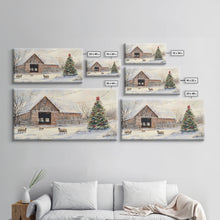 Cargar imagen en el visor de la galería, Christmas Barn Snow Sheep Canvas Print Christmas Farmhouse Decor Rustic Christmas Wall Art Framed Canvas Print Christmas Outdoor Decor
