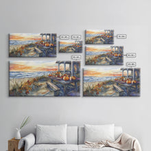Load image into Gallery viewer, Beach Thanksgiving Table Pumpkins Canvas Print Fall Beach Decor Autumn Coastal Wall Art Framed Canvas Print Seasonal Wall Art
