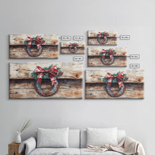 Cargar imagen en el visor de la galería, Festive horseshoe Christmas art, rustic holiday decor, farmhouse holiday gift idea, cozy winter home decor, framed canvas print
