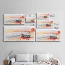 Carregar imagem no visualizador da galeria, Autumn beach landscape art, fall sunset wall art, coastal boat decor, beach fall home decor, seasonal wall art gift, framed canvas print
