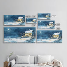 Cargar imagen en el visor de la galería, Coastal Christmas cabin decor, winter beach house art, snowy holiday seaside print, cozy Christmas wall art, framed canvas print
