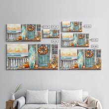 Load image into Gallery viewer, Coastal Surfboard and Pumpkins Fall Scene, Framed Canvas Print, Autumn Beach Decor, Fall Home Decor, Wall Art, Coastal Autumn Wall Print
