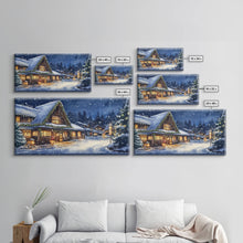 Load image into Gallery viewer, Cozy Snowy Christmas Cabin Scene Canvas Print | Winter Wonderland Christmas Wall Art | Rustic Christmas Decor | 2024 Holiday Art Gift
