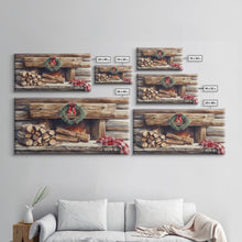 Load image into Gallery viewer, Cozy Cabin Fireplace Christmas Canvas Print | Rustic Christmas Wall Art | Holiday Home Decor | Christmas Mantle Decor | 2024 Christmas Gift
