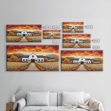 Carregar imagem no visualizador da galeria, Autumn pumpkin farm with barn, canvas print, fall farmhouse decor, rustic autumn home decor, cozy fall harvest wall art for seasonal display
