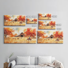 Load image into Gallery viewer, Cowboy on horse in autumn farm scene, framed canvas print, rustic fall decor, farmhouse home decor, cozy autumn landscape art, fall wall art
