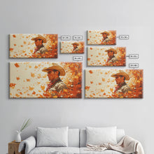 Load image into Gallery viewer, Cowboy and Fall Leaves, Framed Canvas Print Seasonal Wall Art Christmas Cowboy Gift Winter Landscape Wall Decor
