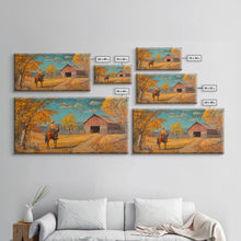 Load image into Gallery viewer, Cowboy Horse Autumn River Framed Canvas Print Perfect Above Sofa Fall Cowboy Art Moody Landscape Fall Western Wall Art
