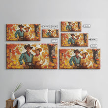 Carregar imagem no visualizador da galeria, Autumn Cowboy In Forest Framed Canvas Print Western Cowboy Wall Art Fall Cowboy Gift Rustic Wall Decor Moody Landscape Above Sofa
