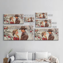Load image into Gallery viewer, Cowboy and Cowgirl meet under the mistletoe, framed canvas print, cute winter wall art, Christmas home decor, seasonal rustic decor
