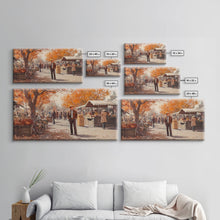 Load image into Gallery viewer, Cowboy in green jacket, snow-capped mountains trees, Framed Canvas Print, tall western Christmas wall art, winter decor, colorful landscape
