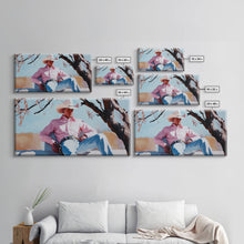 Carregar imagem no visualizador da galeria, Autumn-themed portrait Framed Canvas Print of a woman in a cowboy hat holding a cup of coffee, surrounded by fall leaves, cozy fall decor
