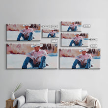 Carregar imagem no visualizador da galeria, Fall harvest Framed Canvas Print featuring a cowgirl sitting among pumpkins in a rustic setting, farmhouse autumn decor and wall art
