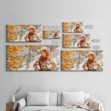 Cargar imagen en el visor de la galería, Charming Framed Canvas Print of a Cowgirl in Autumn Leaves, Perfect Fall Wall Decor and Gift Idea for Fans of Western Art Rustic Home Decor

