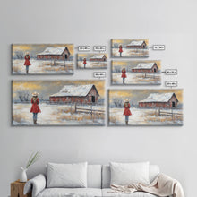 Load image into Gallery viewer, Barn Painting Framed Canvas Print, Cowgirl and her Barn, Rustic Farmhouse Decor, Winter Painting, Winter Wonderland, Farmhouse Wall Art
