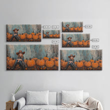Load image into Gallery viewer, Cute Cowgirl In A Pumpkin Patch, Framed Canvas Print, Fall / Thanksgiving Decor, minimalist seasonal art for autumn or Christmas decor
