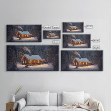 Load image into Gallery viewer, Cozy Cabin in Snow Framed Canvas Print, Winter Wonderland Scene Art, Rustic Christmas Decor, Holiday Wall Art, Seasonal Gift Idea

