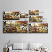 Load image into Gallery viewer, Autumn picnic with apples and plaid tablecloth, fall farmhouse decor, canvas print, country autumn art, autumn wall decor
