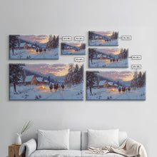 Load image into Gallery viewer, Cowboys and Log Cabin Winter Christmas Framed Canvas Print, Rustic Mountain Holiday Scene Art, Best Christmas Gift Idea, Winter Decor
