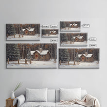 Load image into Gallery viewer, Snowy Log Cabin Christmas Framed Canvas Print, Rustic Winter Wonderland Art, Cozy Holiday Decor, Best Gift Christmas Wall Art
