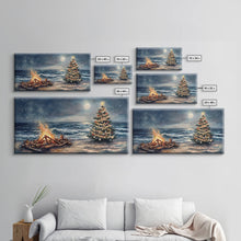 Load image into Gallery viewer, Cozy Bonfire On Beach With Christmas Tree Framed Canvas Print, Nighttime Winter Beach Holiday Wall Art And Coastal Decor
