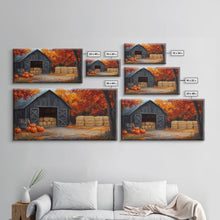 Cargar imagen en el visor de la galería, Fall Barnyard with Pumpkins Framed Canvas Print Farmhouse Decor, Fall Art Print, Rustic Home Decor, Seasonal Gift Wall Art
