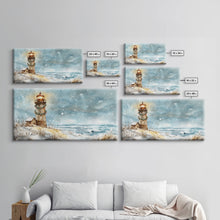 Load image into Gallery viewer, Coastal Christmas Lighthouse Decor Framed Canvas Print, Snowy Beach Scene with Holiday Wreath and Lighthouse Winter Wall Art
