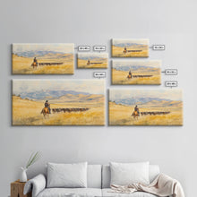 Load image into Gallery viewer, Cowboy On Snowy Path Framed Canvas Print Tall Art Winter Wonderland Western Christmas Decor Rustic Winter Wall Art Gift Cowboy Holiday Gift
