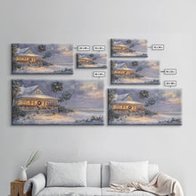 Cargar imagen en el visor de la galería, Christmas beach decor scene in tropical house with wreath and lights, Framed Canvas Print palm trees snow, winter art and holiday home decor
