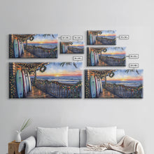 Carregar imagem no visualizador da galeria, Beachfront porch with surfboards and Christmas lights, Framed Canvas Print with wreaths festive lights, coastal holiday wall art and decor
