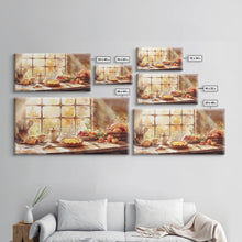 Load image into Gallery viewer, Thanksgiving table scene with food, pies and fall decor, Framed Canvas Print with pumpkins sunlight, autumn harvest home wall art and decor
