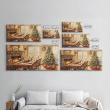 Load image into Gallery viewer, Rustic Christmas dining room scene with a Christmas tree, Framed Canvas Print with a festive table warm fireplace, farmhouse holiday decor
