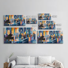 Load image into Gallery viewer, Abstract jazz party scene with grand piano, colorful stained glass aesthetic, framed canvas print ideal vibrant music wall art decor

