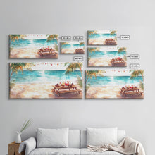 Load image into Gallery viewer, Beach Christmas decor picnic setup with palm trees and lights, framed canvas print showcasing tropical coastal holiday art decor
