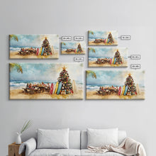 Cargar imagen en el visor de la galería, Christmas family picnic by the beach with surfboards and tree, framed canvas print tropical coastal holiday beach Christmas decor
