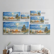 Cargar imagen en el visor de la galería, Christmas bonfire on the beach with surfboards and decorated tree, framed canvas print ideal tropical holiday wall art decor

