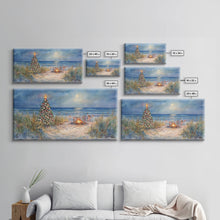 Carregar imagem no visualizador da galeria, Beach Christmas family gathering by the ocean and bonfire, framed canvas print featuring tropical holiday decor wall art

