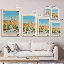 Carregar imagem no visualizador da galeria, Čačak Serbia Travel Poster Framed Canvas Print, Midcentury Modern Art, Pop Art Wall Decor, Living Room Art, Scenic Wall Art
