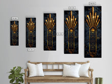 Load image into Gallery viewer, Gold Geometric Art Deco Pattern on Black Background - Framed Canvas Print, Midcentury Modern Art, Skinny Art, Tall Art, Living Room Wall Decor
