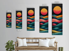 Carregar imagem no visualizador da galeria, Abstract Sunset Over Hills Midcentury Modern Art - Framed Canvas Print, Boho Art, Skinny Art, Living Room Art, Bedroom Decor, Minimalist Landscape
