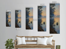 Carregar imagem no visualizador da galeria, Calm River Reflection with a Lone Boat, Skinny and Tall Art, Serene Landscape Framed Canvas Print, Tranquil Wall Art
