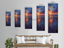 Load image into Gallery viewer, Framed Canvas Print of a Colorful Skinny Art Sunset Over the Ocean with a Vibrant Sky Reflecting on the Water in this Tall Coastal Landscape Art
