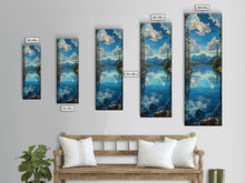 Carregar imagem no visualizador da galeria, Framed Canvas Print Skinny Art of a Clear Lake Surrounded by Pine Trees with Majestic Mountains in the Distance Under a Blue Sky, Ideal Tall Landscape Art
